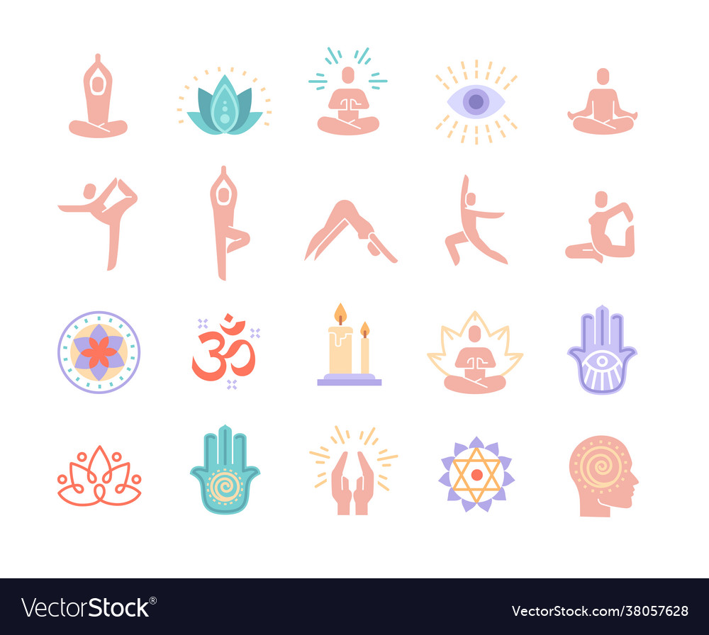 Yoga meditation practice colorful icons Royalty Free Vector