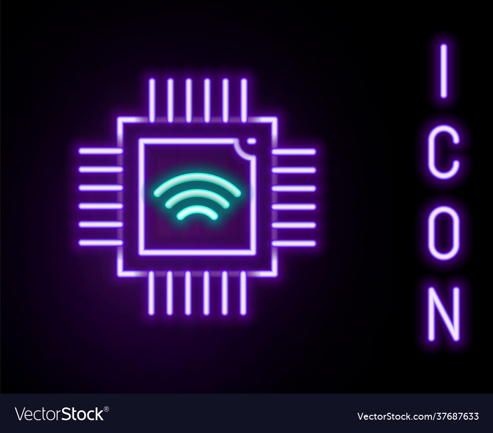Glowing neon line computer processor vector image Glowing neon line computer processor