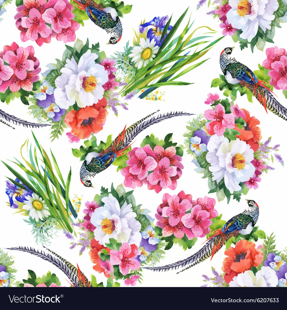 Seamless pattern with summer herbs and birds