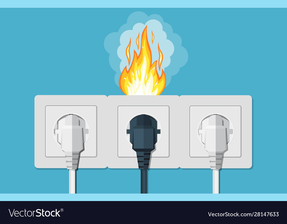 Socket and plug on fire from overload Royalty Free Vector