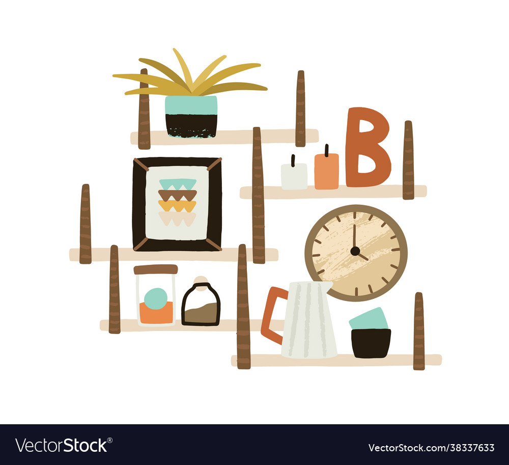 Wooden wall shelves with potted plant candles vector image Wooden wall shelves with potted plant candles