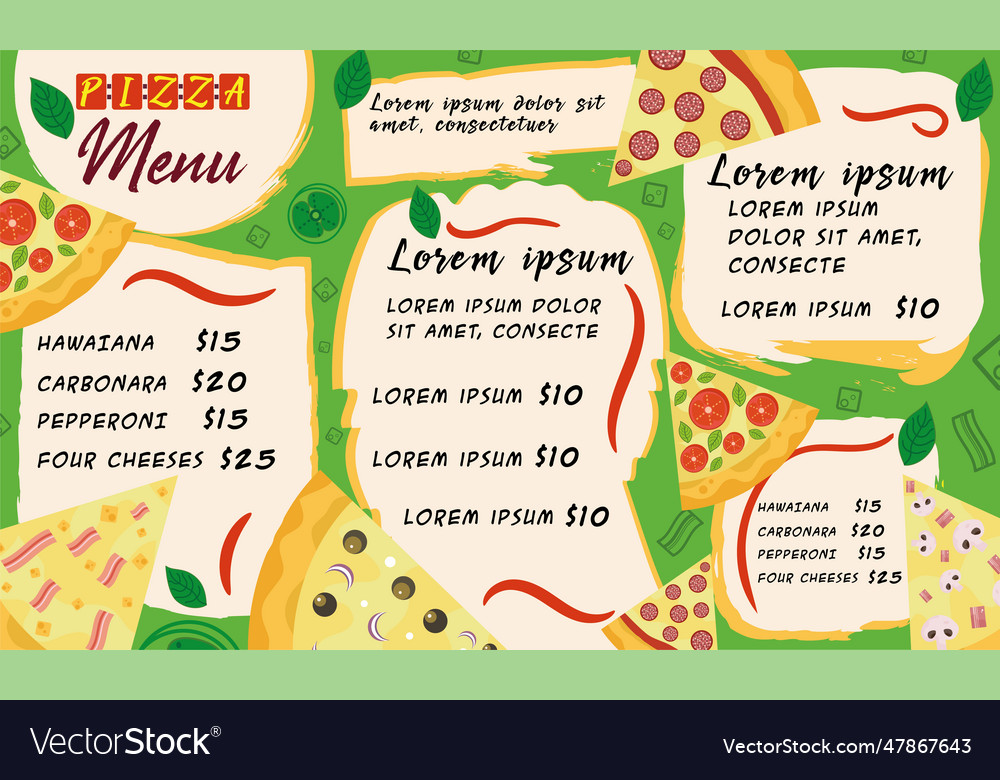 Colored pizza menu with different items