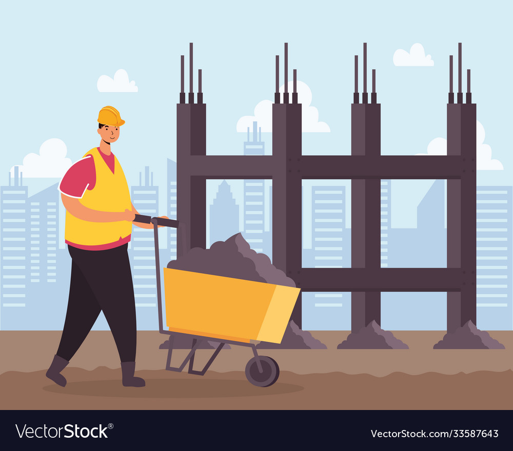 Constructor worker with wheelbarrow scene Vector Image