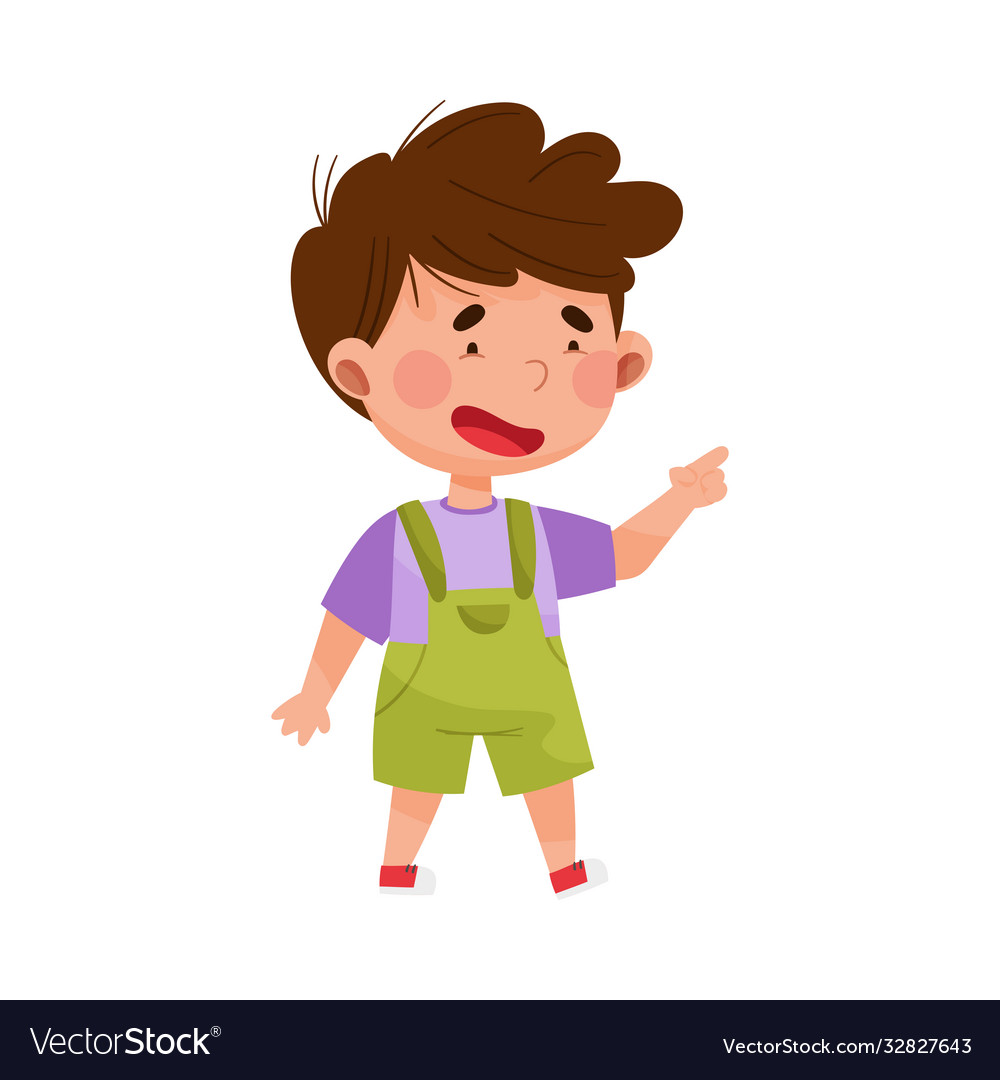 Dark haired boy character pointing at something