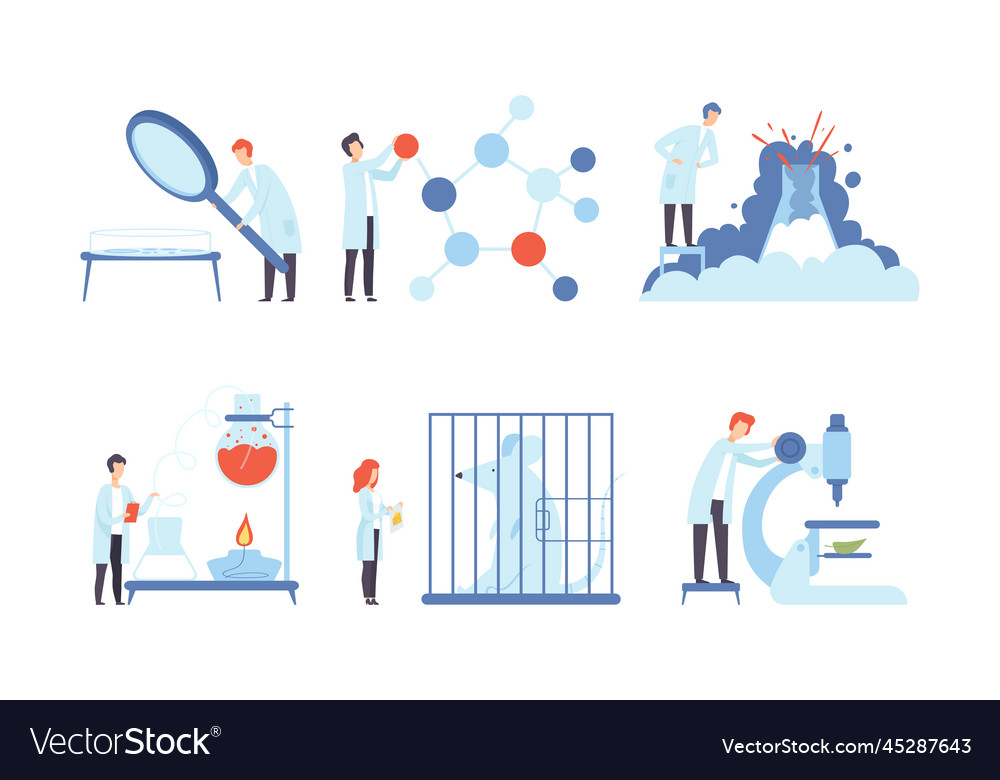Tiny scientists working in laboratory set