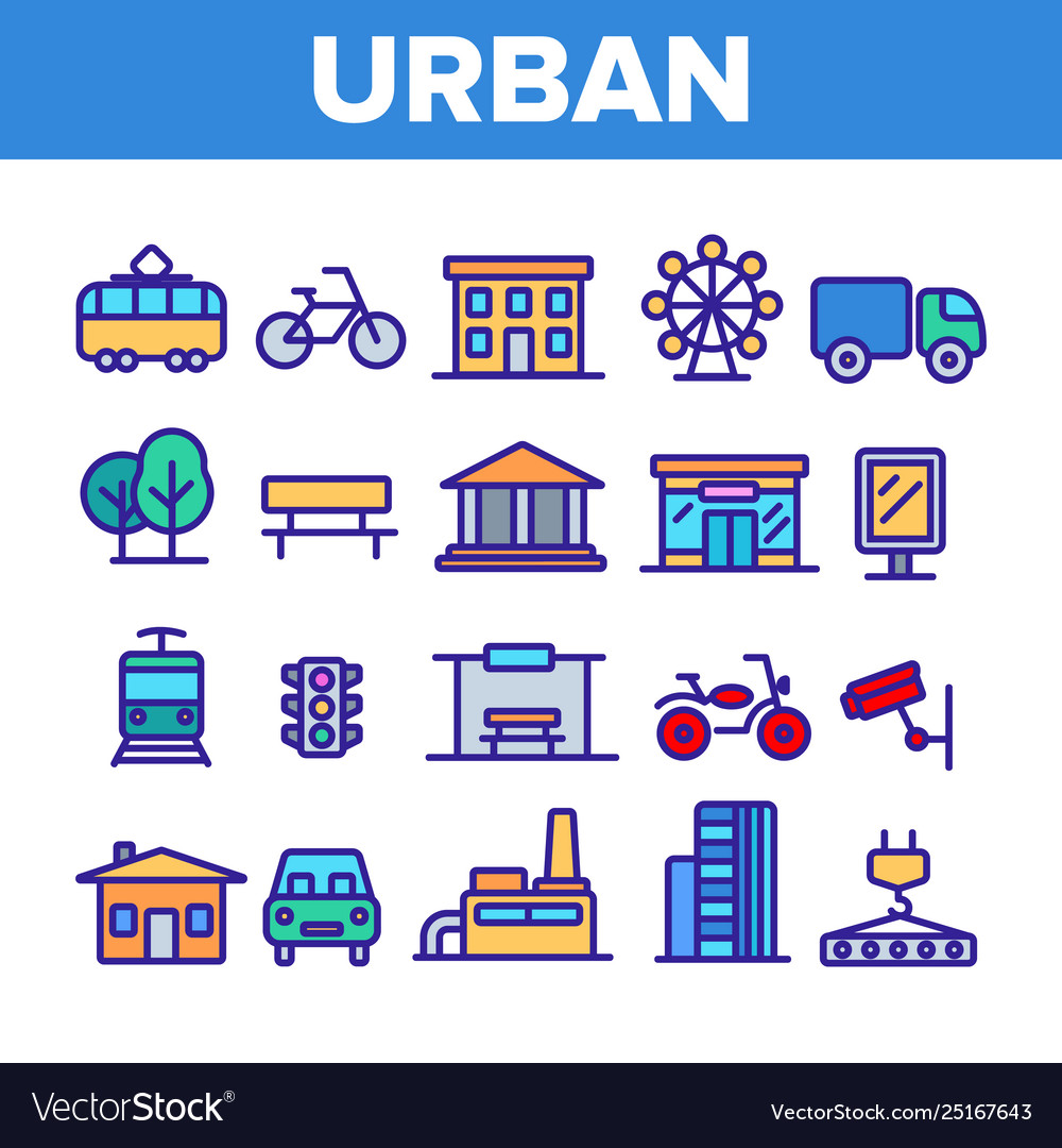 Urban city life thin line icons set