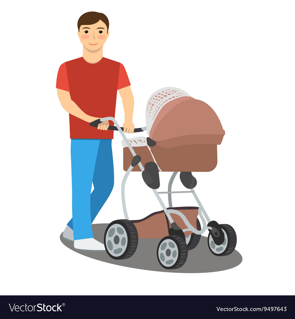 Young father with a baby stroller