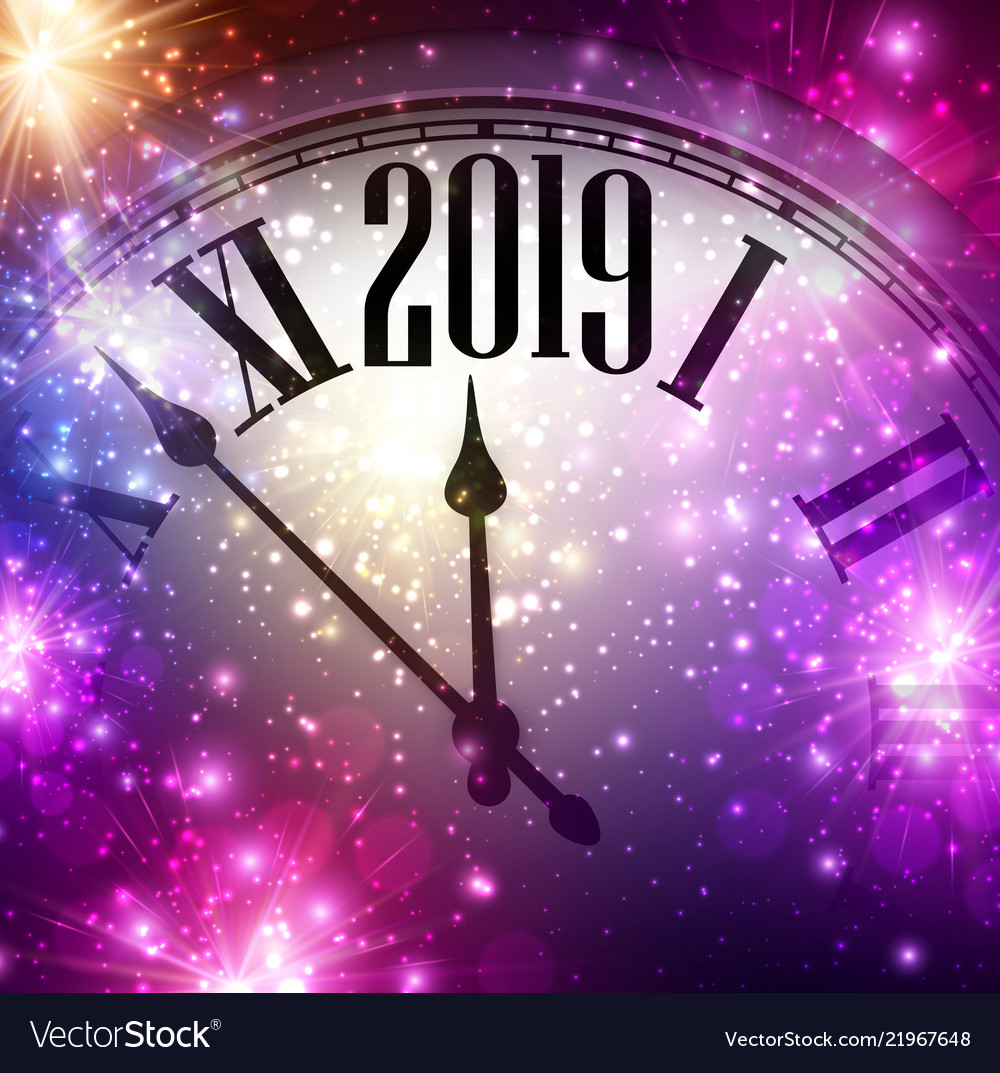 Lila glänzend 2019 neues Jahr Hintergrund mit Uhr vector image Lila glänzend 2019 neues Jahr Hintergrund mit Uhr