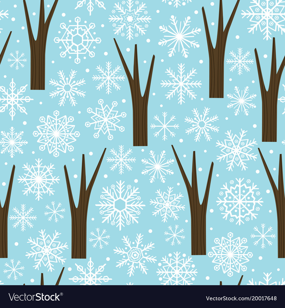 Seamless pattern with snowflakes and trees