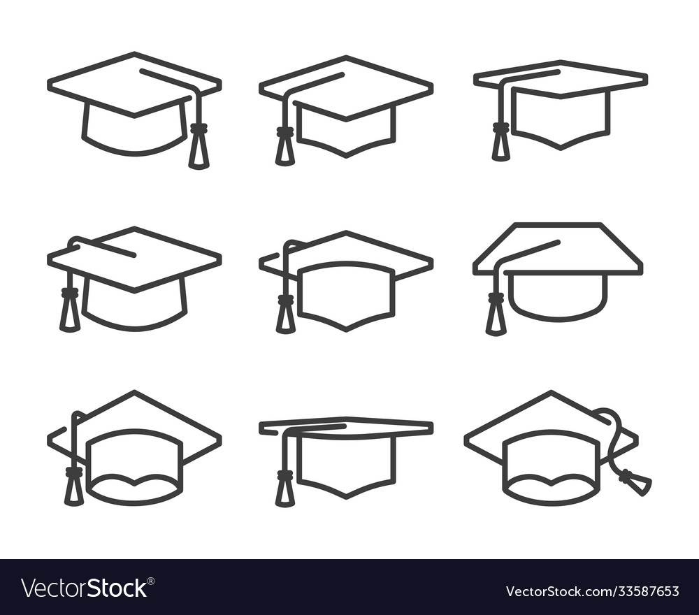 Graduation hat icon set in line style Royalty Free Vector