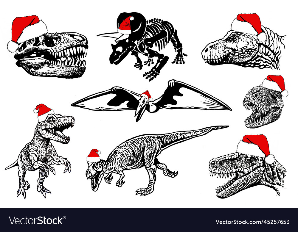 Graphical set of dinosaurs in santa claus hat