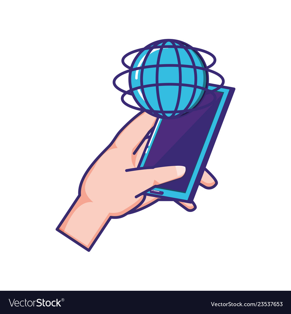 Hand using smartphone with sphere planet