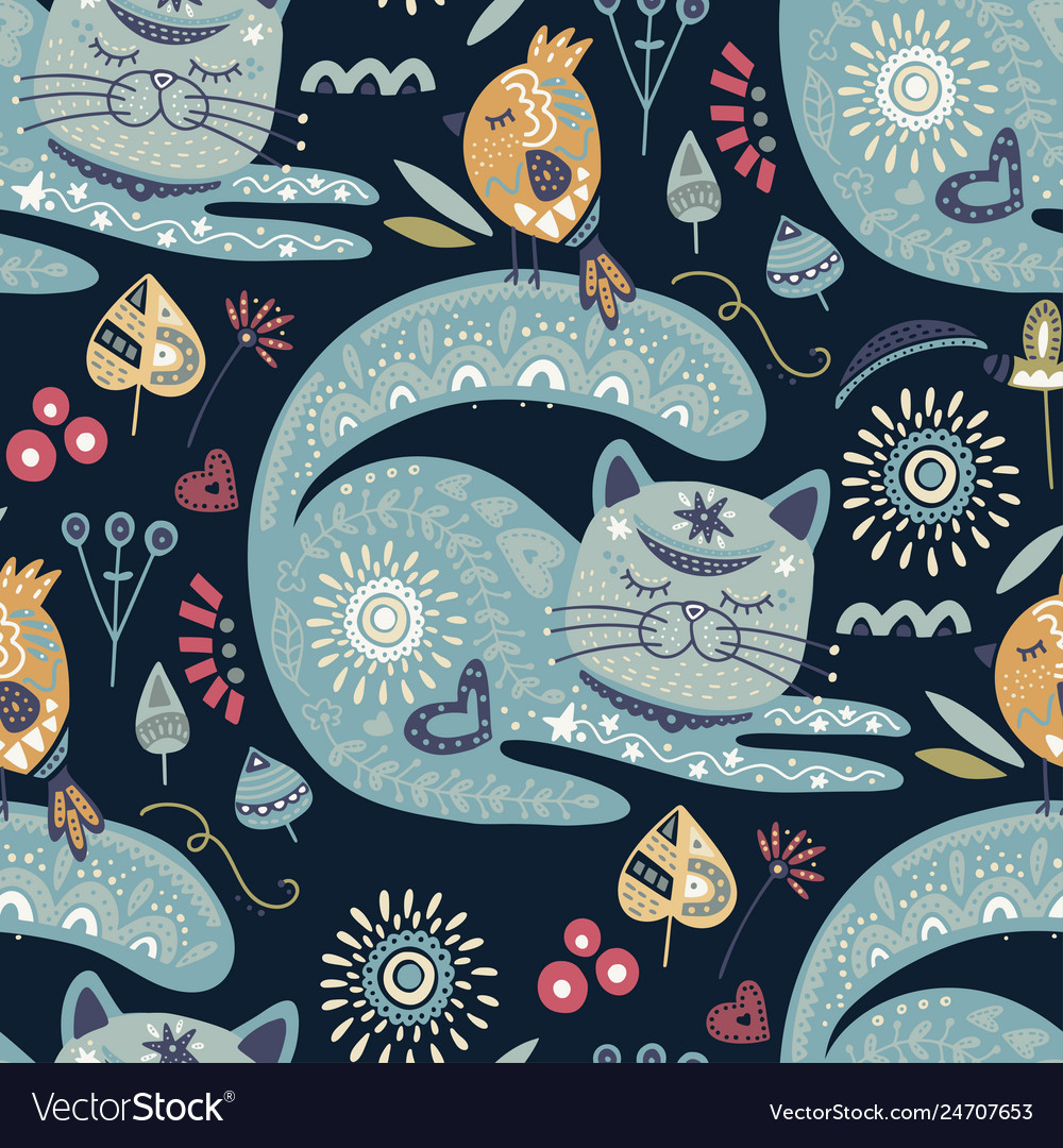 Tribal cat seamless pattern