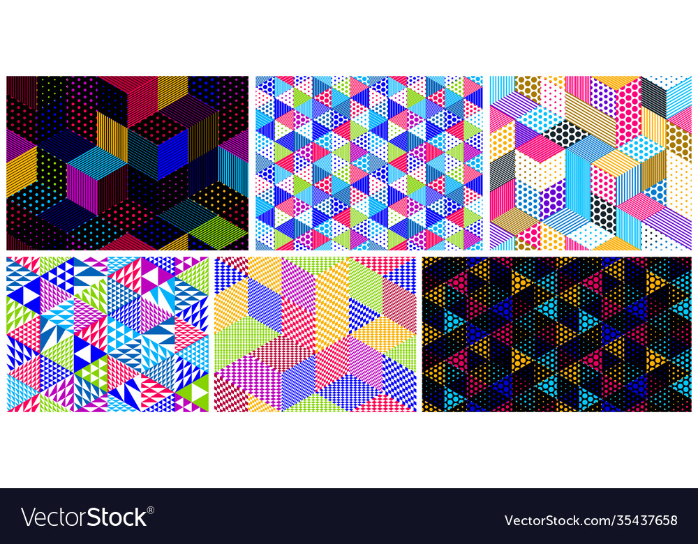 Dotted seamless isometric geometric patterns set