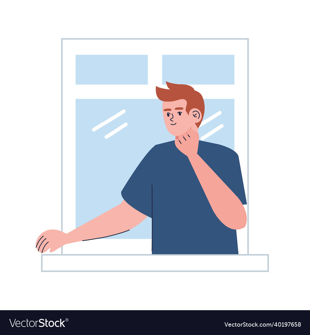 Man happy in window looking