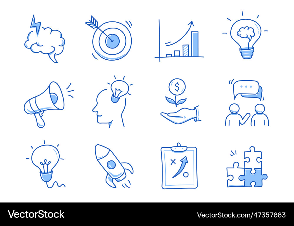 Business idea startup doodle line icon set hand Vector Image