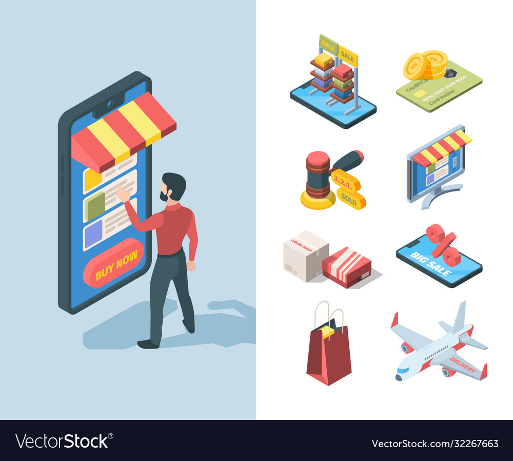 Goods sale store online isometric set character