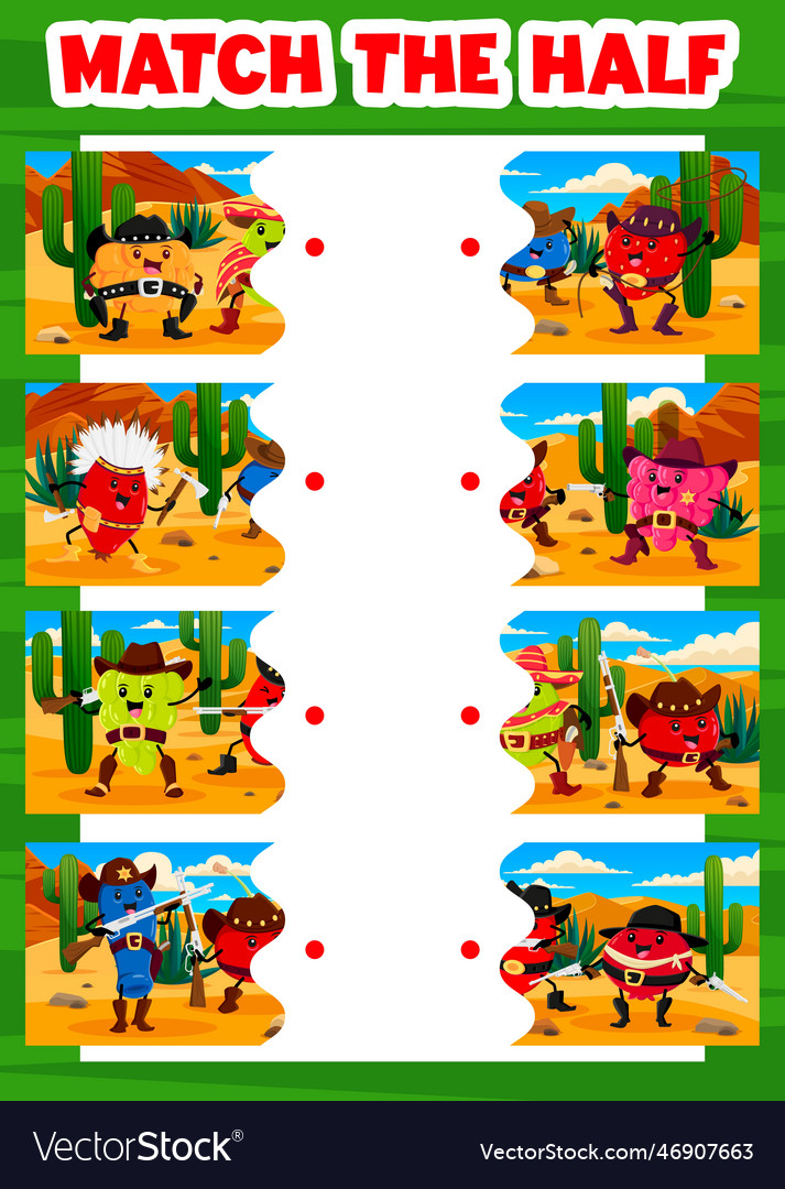 Match half of cartoon berry cowboy kids game vector image Match half of cartoon berry cowboy kids game