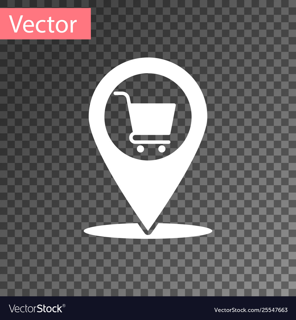 Weißer Kartenzeiger mit Einkaufswagen-Symbol isoliert vector image Weißer Kartenzeiger mit Einkaufswagen-Symbol isoliert