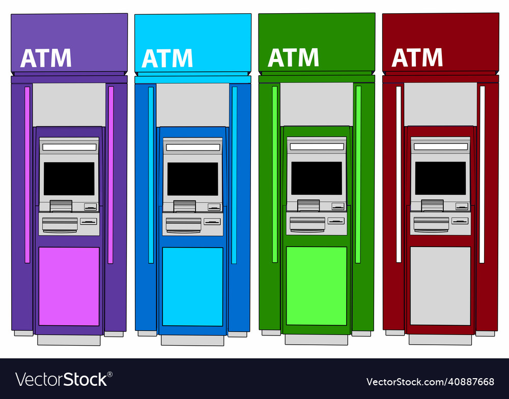 Atm machine with cash on white background