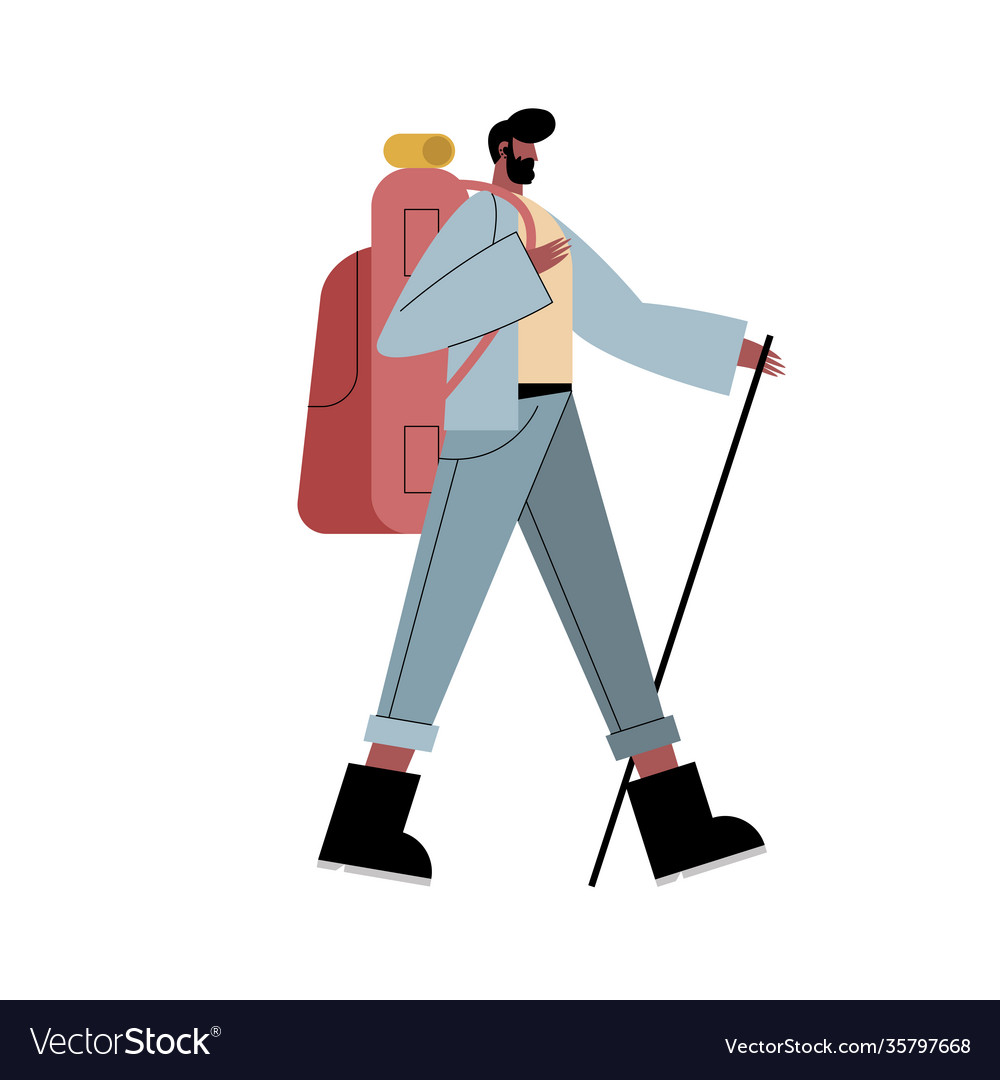 Hiker man cartoon with bag boots and stick