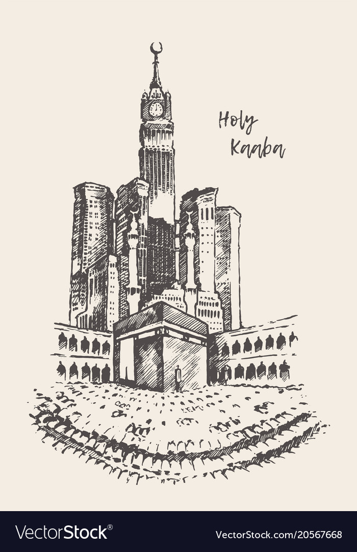 Holy kaaba mecca saudi arabia drawn vintage sketch