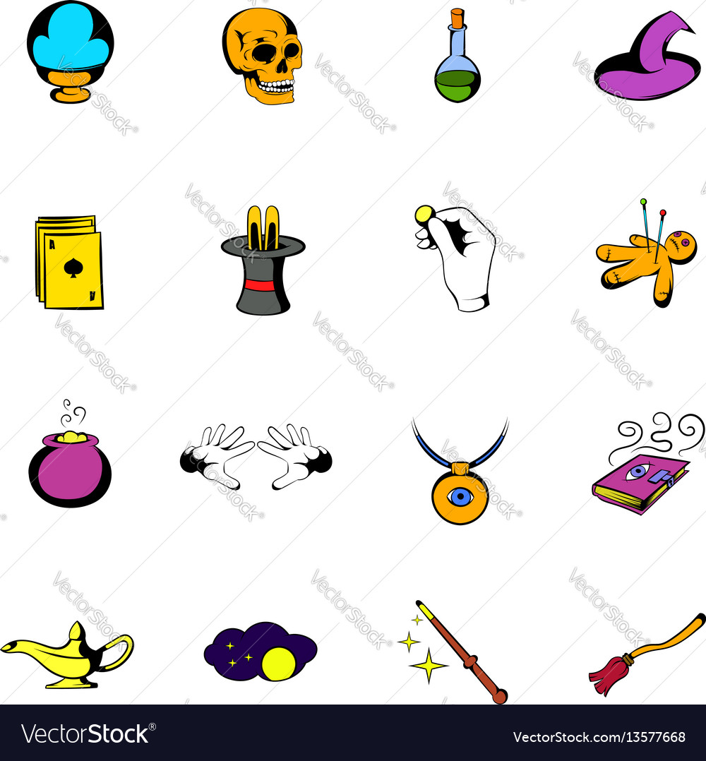 Magic comics icons set cartoon Royalty Free Vector Image