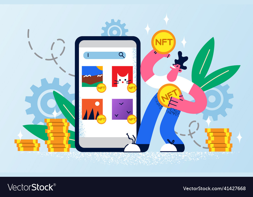 Smiling man buy on cellphone using nft vector image Smiling man buy on cellphone using nft