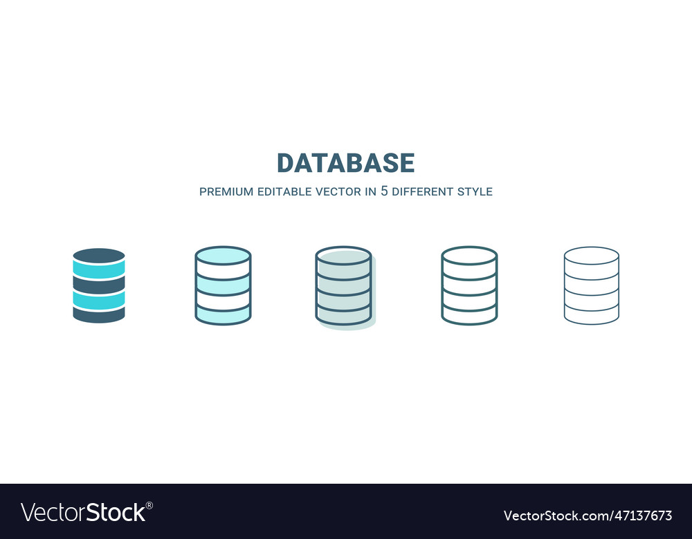 Database icon in 5 different style outline filled vector image Database icon in 5 different style outline filled
