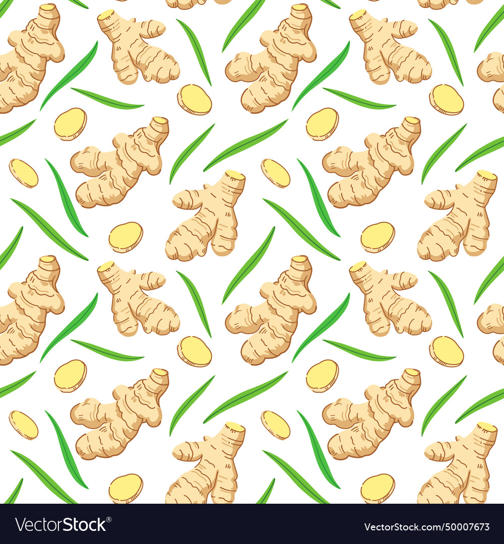 Seamless pattern with ginger roots slices