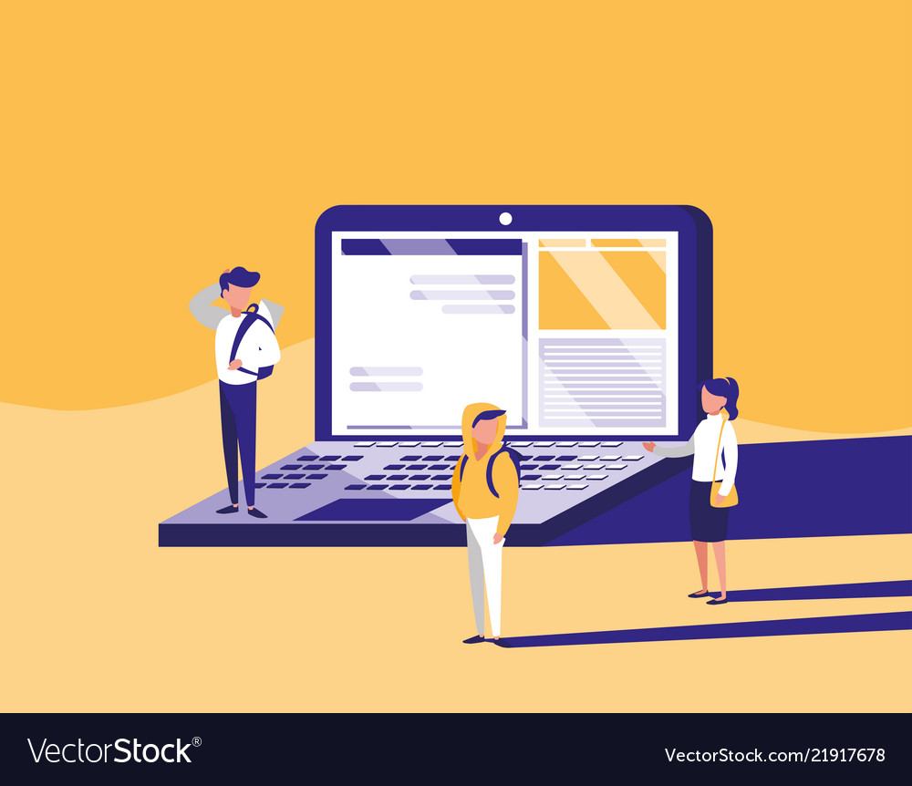 Group of people with laptop computer in landscape Vector Image