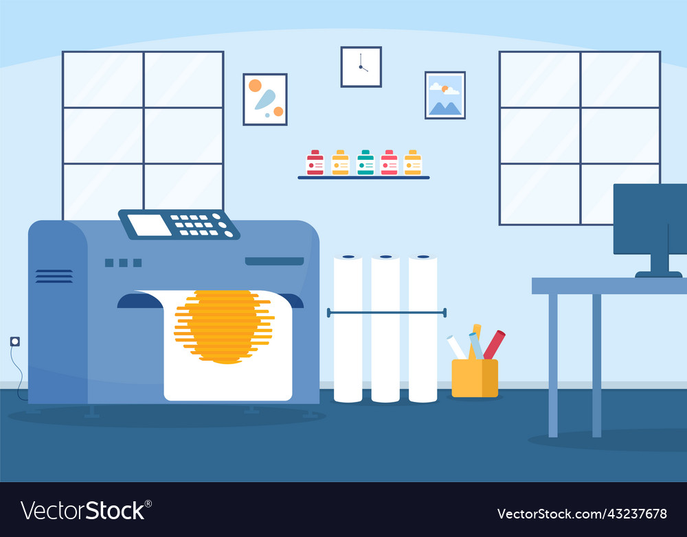 Print shop with production process at printing vector image Print shop with production process at printing