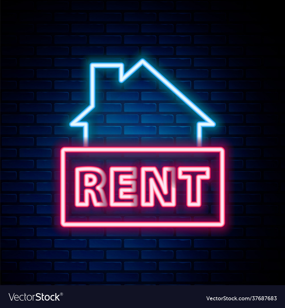 Glowing neon line hanging sign with text rent icon