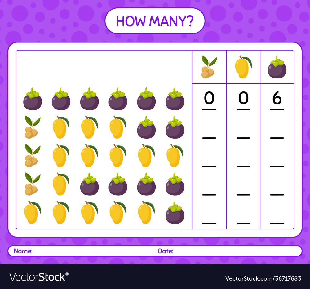 How many counting game with fruit worksheet vector image How many counting game with fruit worksheet