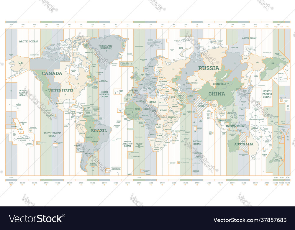 World time zones map detailed map Royalty Free Vector Image