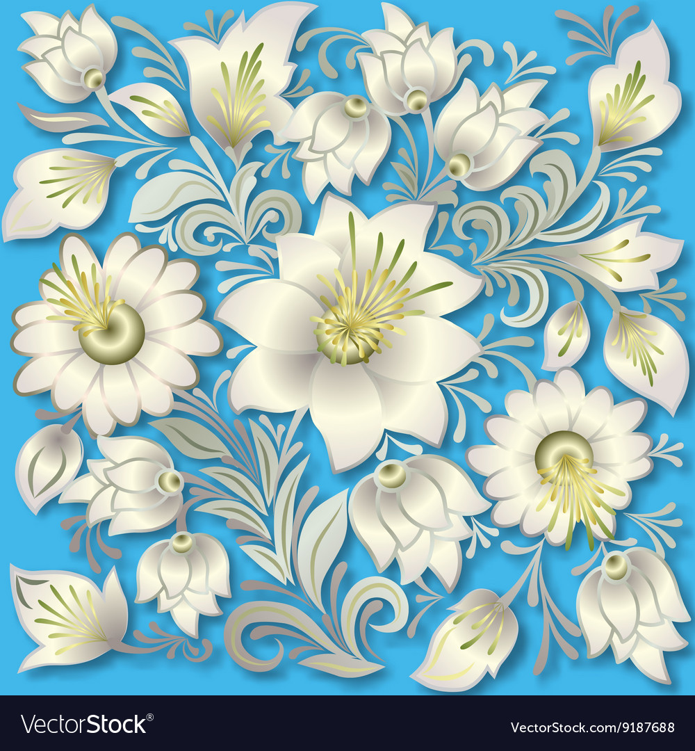 Abstract silver floral ornament on blue background