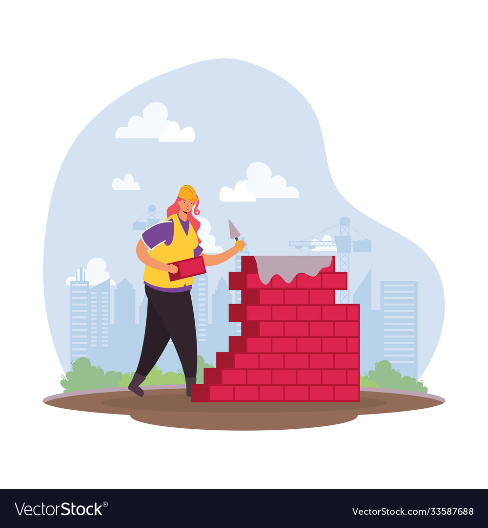 Constructor worker with bricks wall character