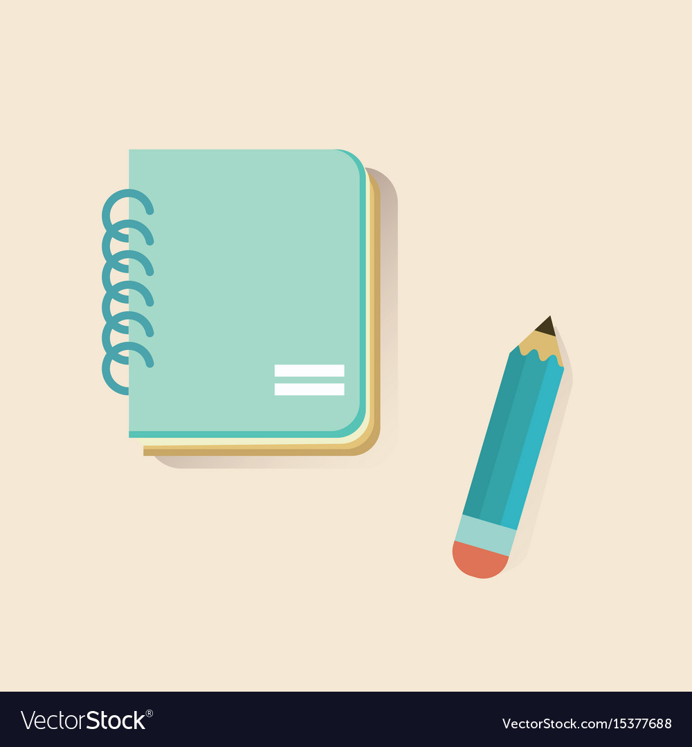 Flat notebook and pencil on soft color background