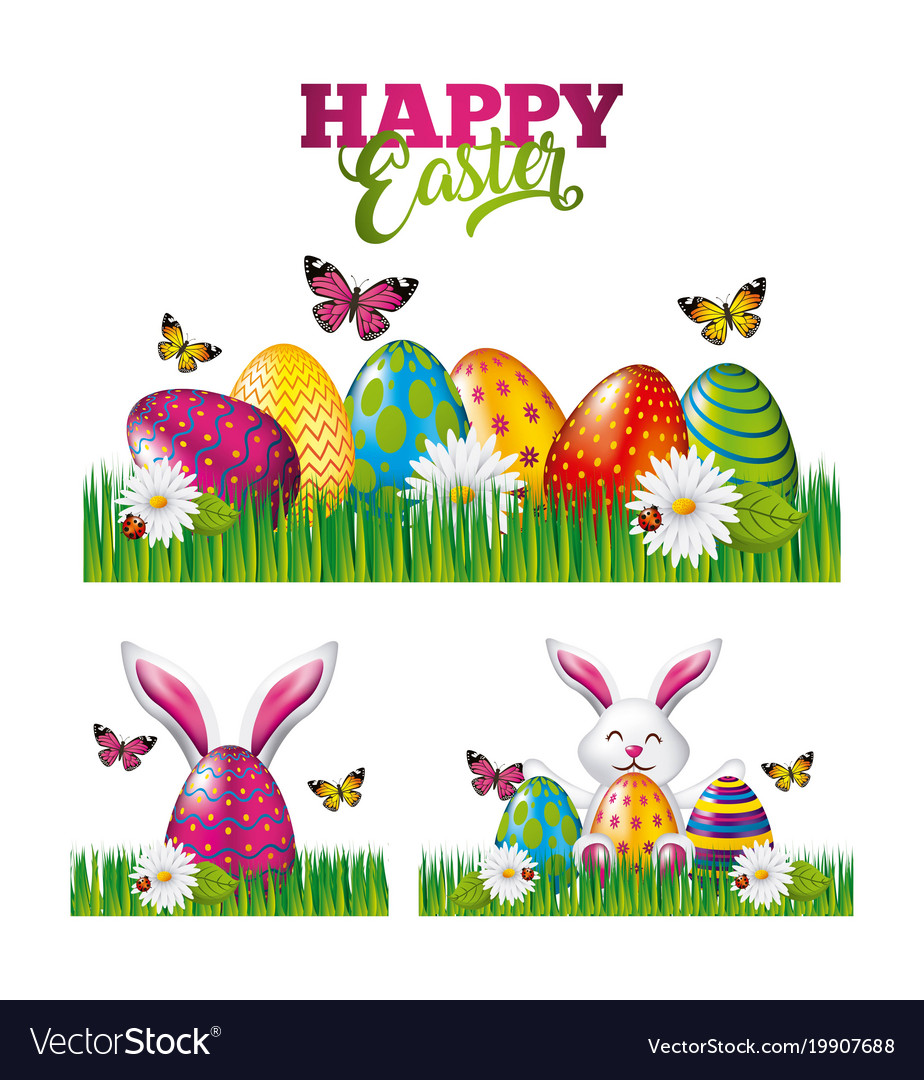 Happy easter poster decoration rabbit eggs Vector Image