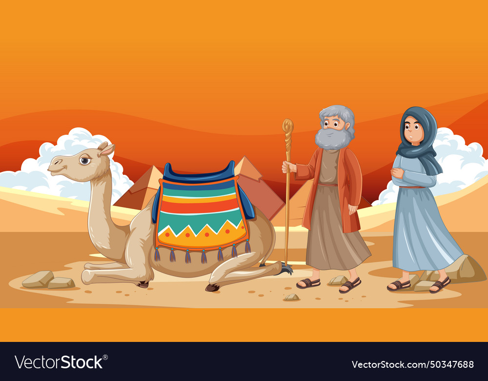 Travelers with camel in desert setting vector image Travelers with camel in desert setting