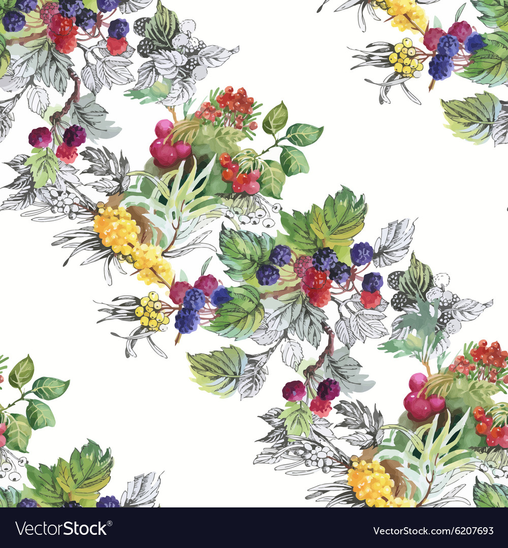 Seamless watercolor pattern with leafs and berries