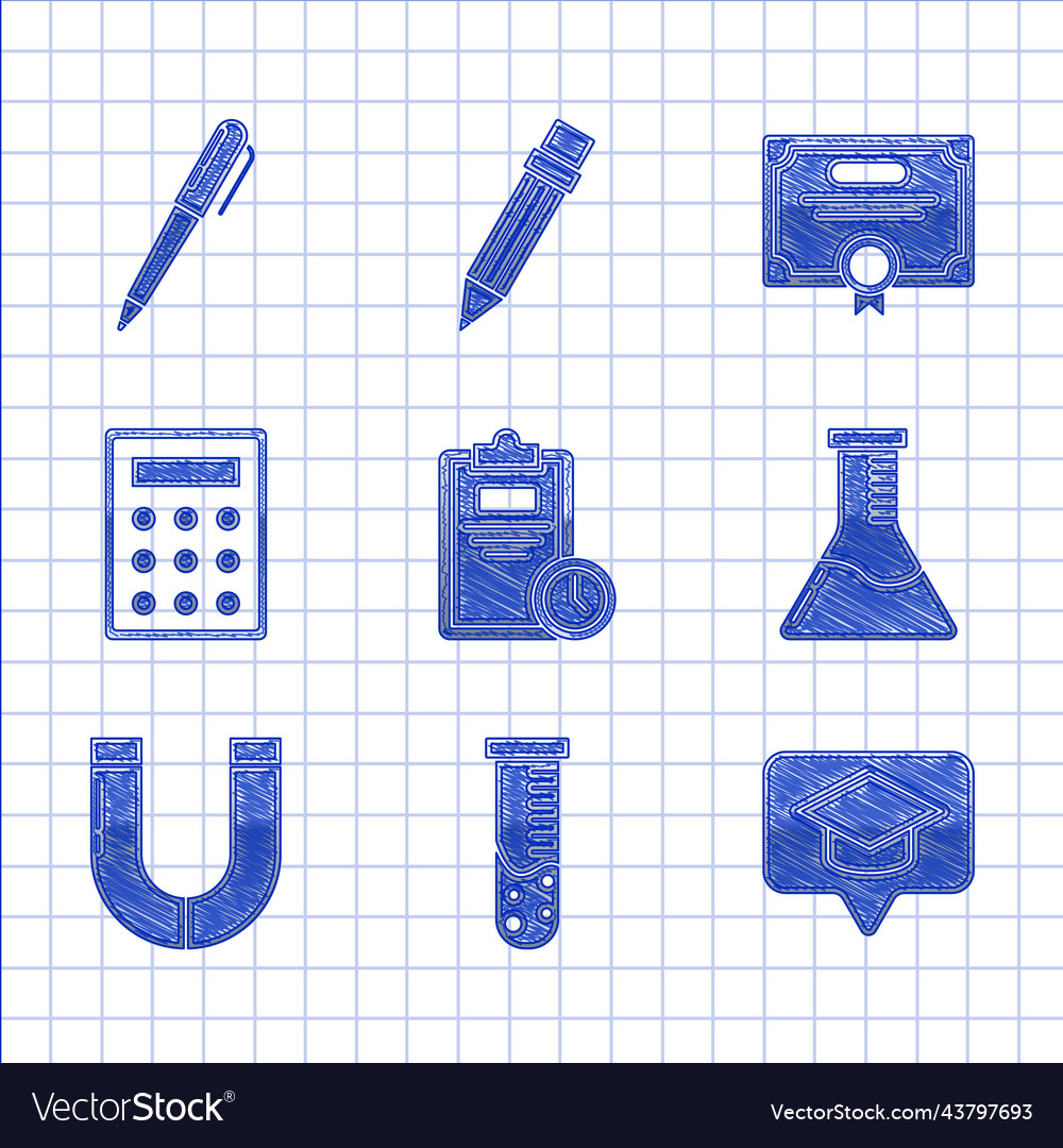 Set exam sheet with clock test tube and flask vector image Set exam sheet with clock test tube and flask