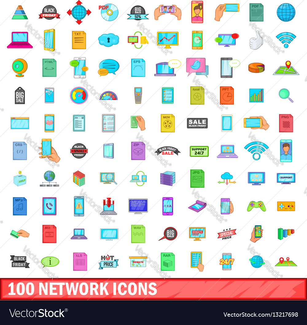 100 network icons set cartoon style Royalty Free Vector