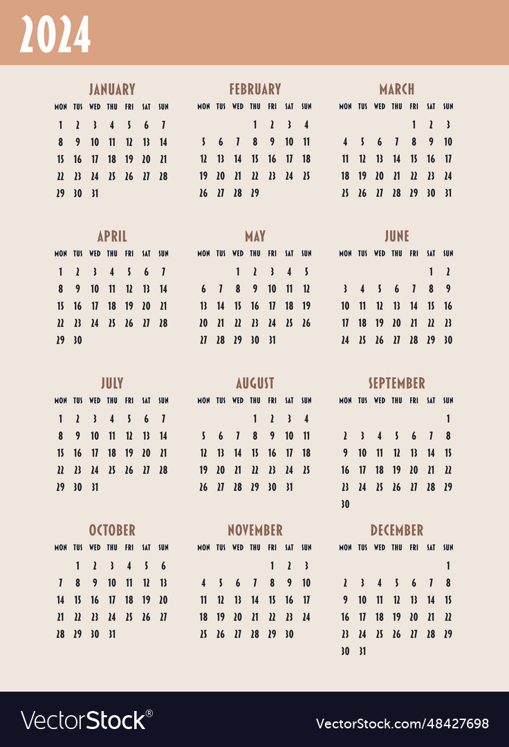 Calendar 2024 year week starts on monday design Vector Image