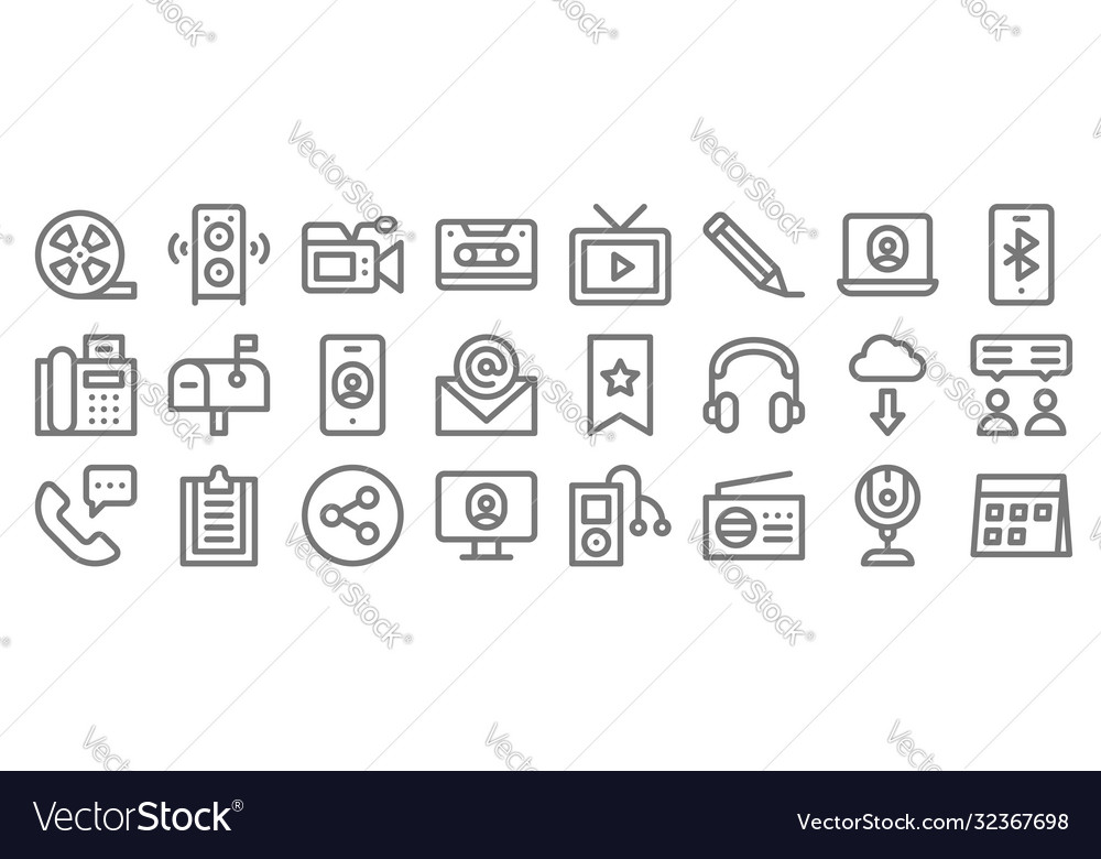 Communication and media line icons linear set