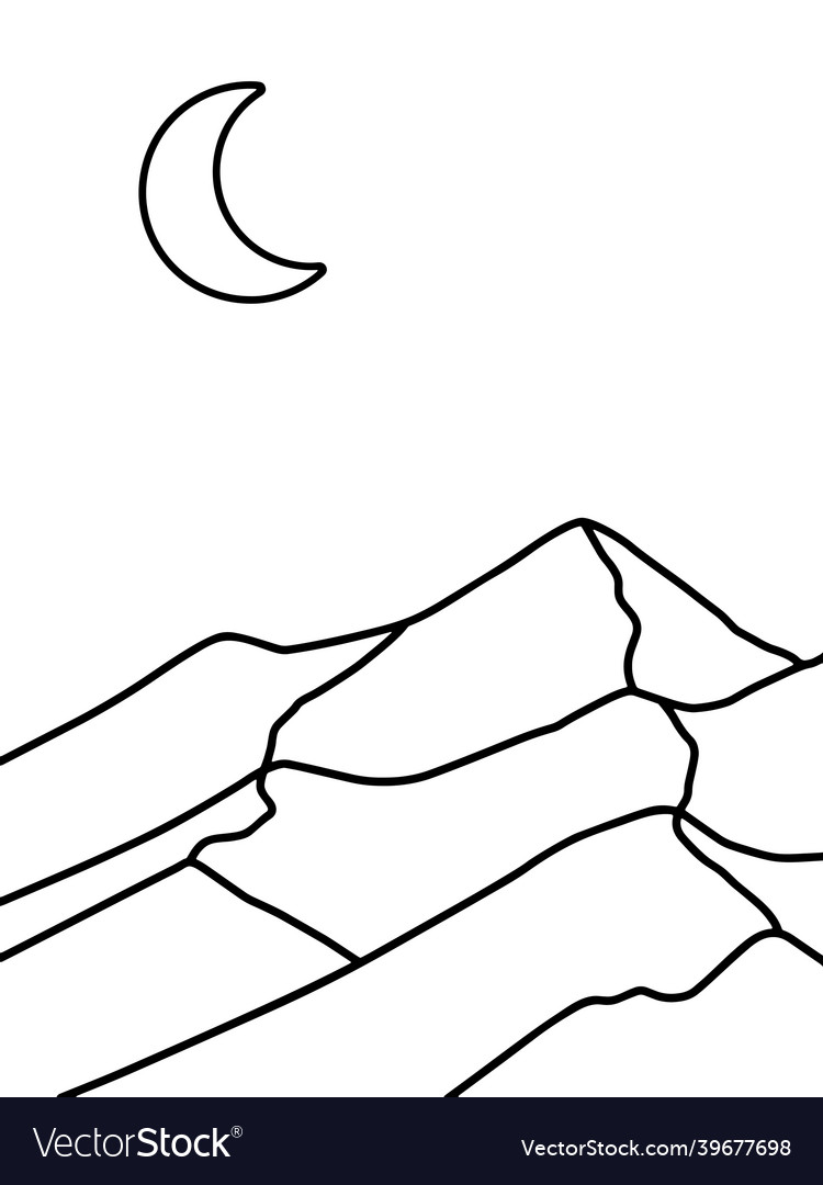 Mountain and moon line art in white background