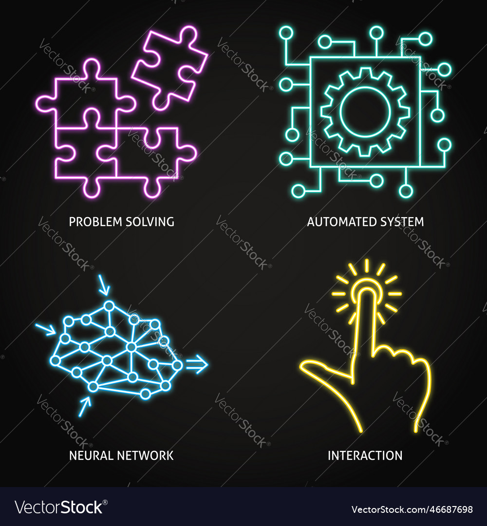 Neurales Netzwerk und automatisierte Systeme Neon-Icon-Set vector image Neurales Netzwerk und automatisierte Systeme Neon-Icon-Set