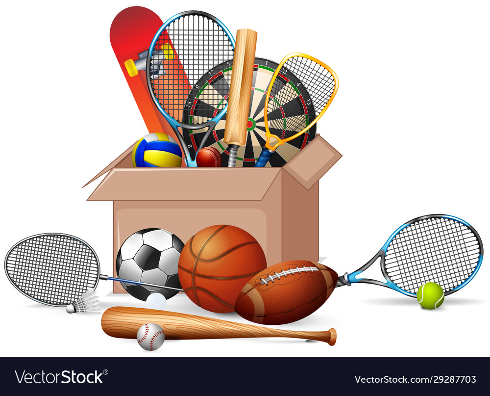 Cardboard box full sport equipments on white