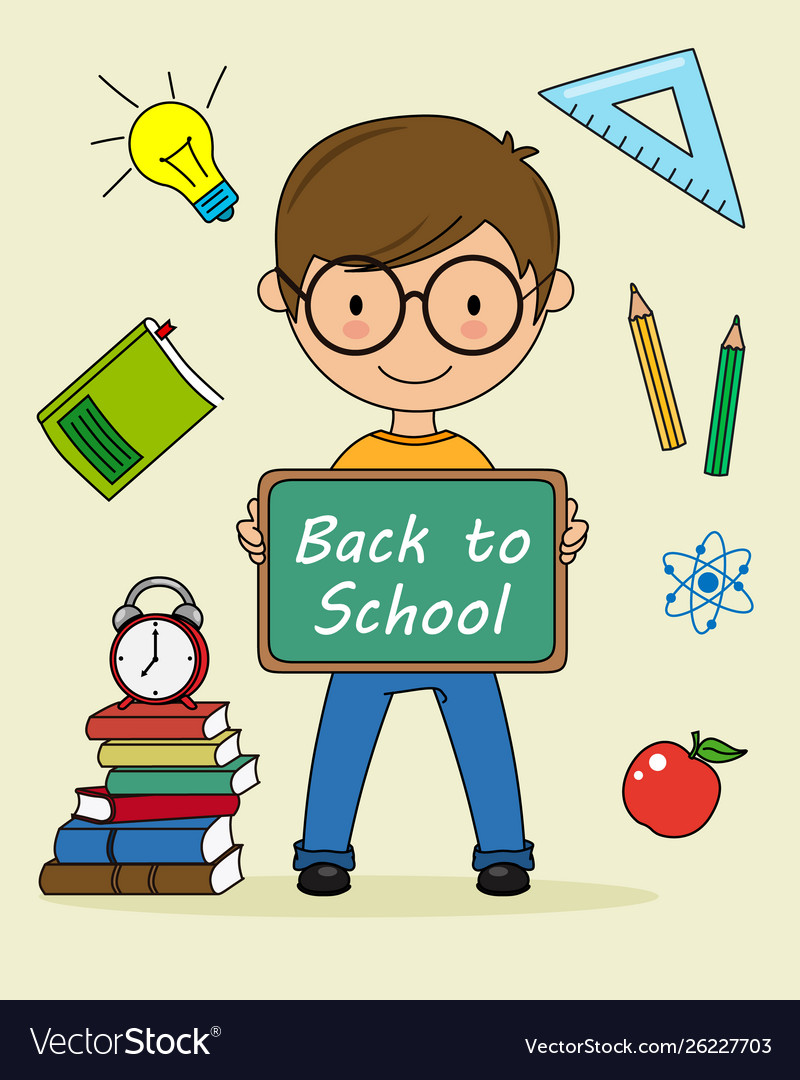 Child with blackboard and objects for school Vector Image