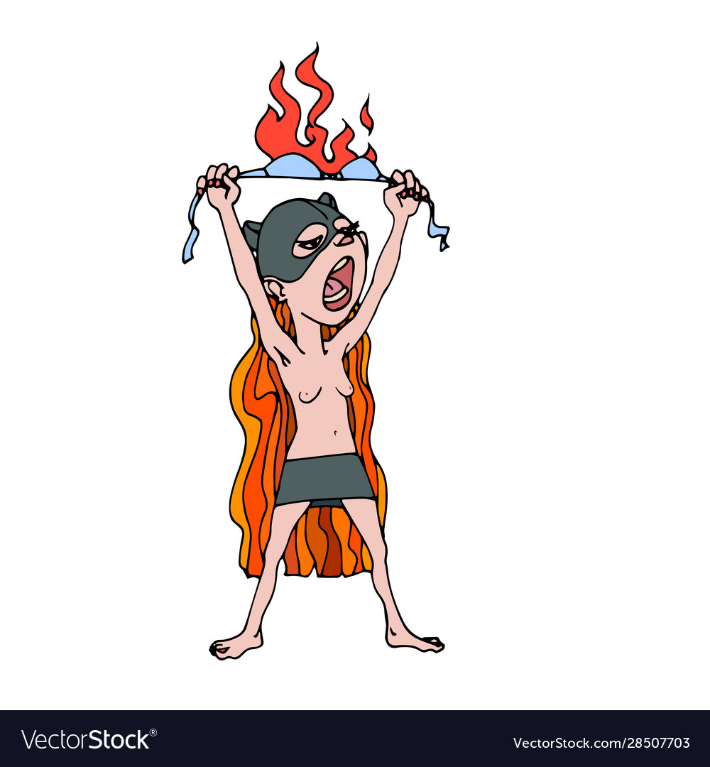 Screaming girl in a cat mask burns bra vector image Screaming girl in a cat mask burns bra